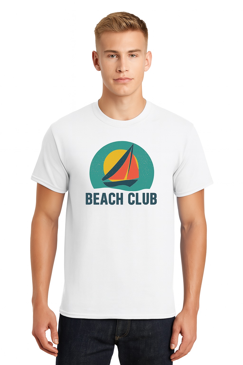 Male model wearing a white tshirt with a beach club logo.