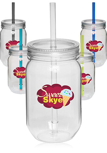 24 oz Plastic Mason Jars with Straw
