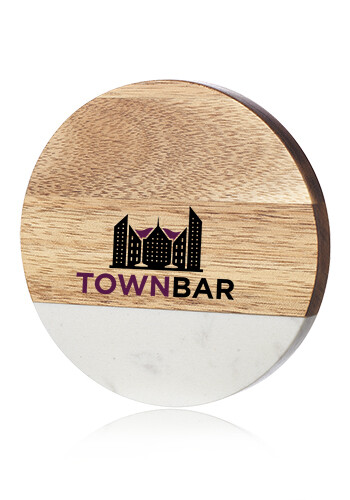 4" Round Marble and Wood Coasters with Bottle Opener